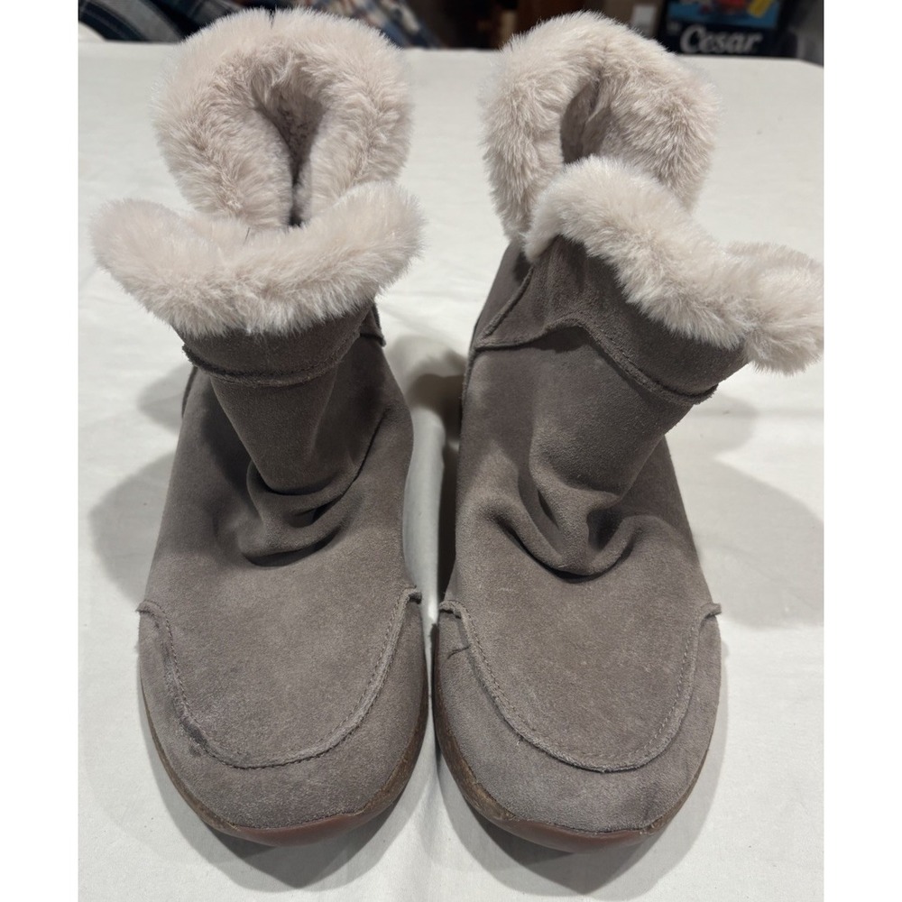 New Taos Future Mid Boots Dark Taupe Suede Faux Fur Trim Ankle Booties Size 8